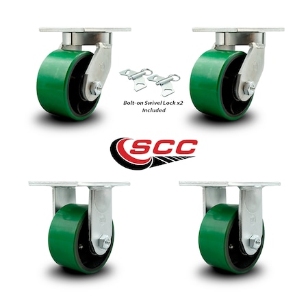 Service Caster 6 Inch Heavy Duty Green Poly on Cast Iron Caster Swivel Locks 2 Rigid SCC, 2PK SCC-KP92S630-PUR-GB-BSL-2-R-2